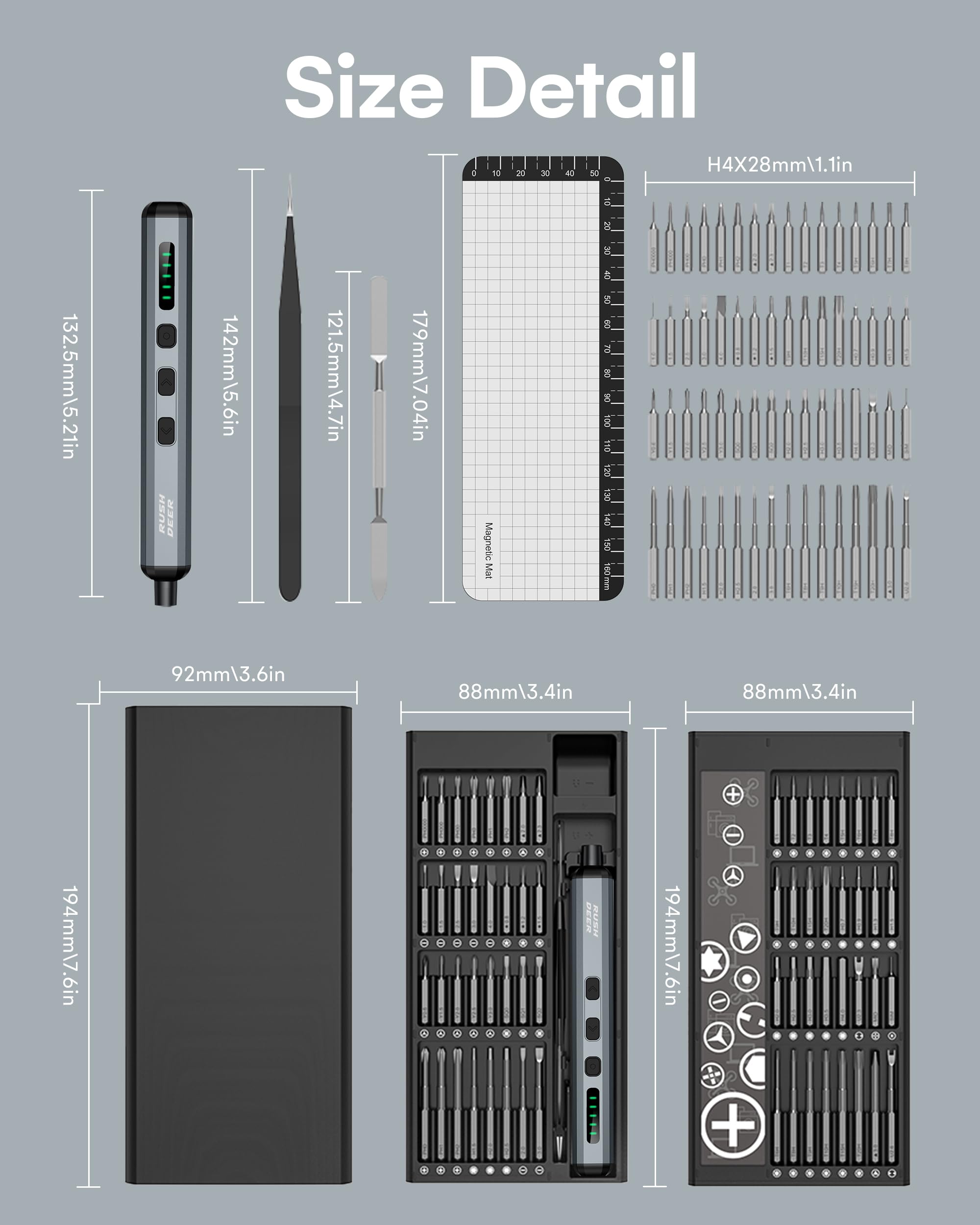 Rush Deer 70-in-1 Electric Screwdriver Set - Rechargeable Mini Precision Power Screwdriver with 64 Magnetic Bits, 5 Torque Settings, For Phone, Laptop, Camera - Cordless and Portable
