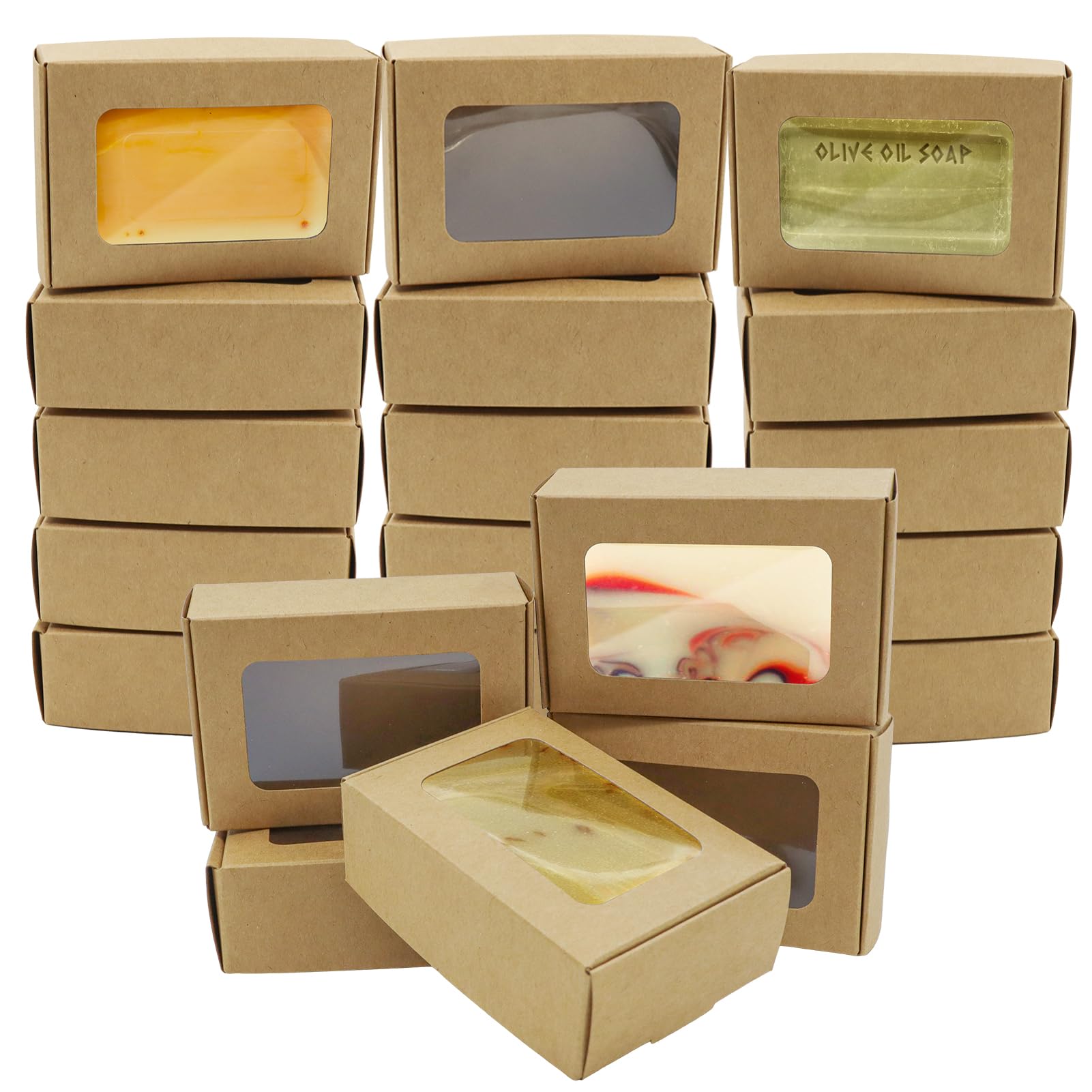 RYKOMO 40 PCS Soap Boxes for Homemade Soap Boxes Packaging 3.55x2.4x1.2 Inch Small Soap Paper Box Mini Kraft Treat Boxes with Window for Homemade Soap Packaging Boxes Supplies