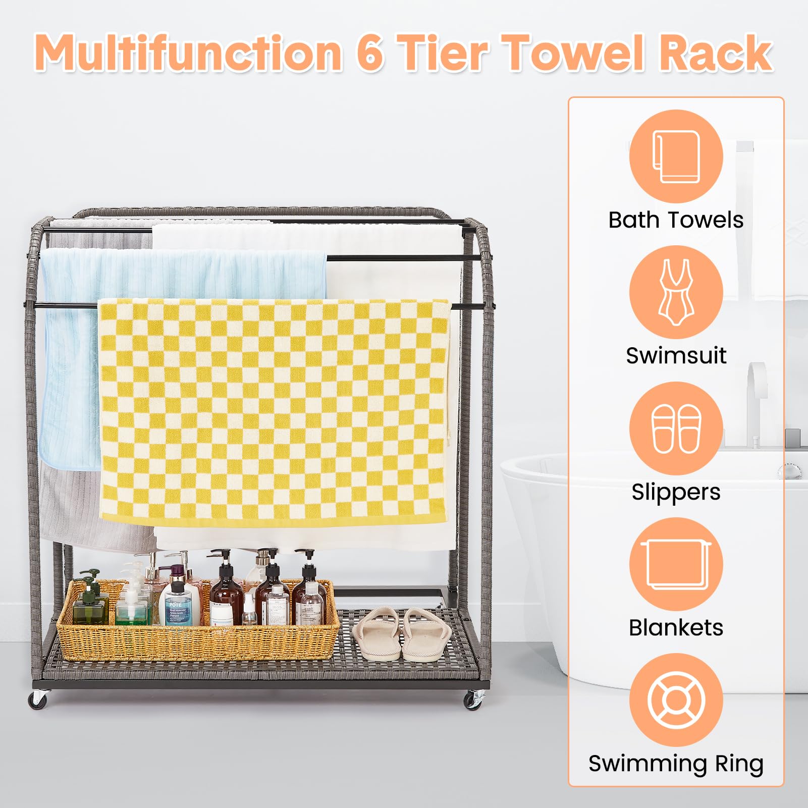 GAOMON Pool Towel Rack Outdoor with Rattan Base,5 Bar Free Standing Poolside Beach Towel,Rattan Weaving Outdoor Towel Rack,Storage Organizer with Compartment for Floats, Pool Noodles, Swimming Rings