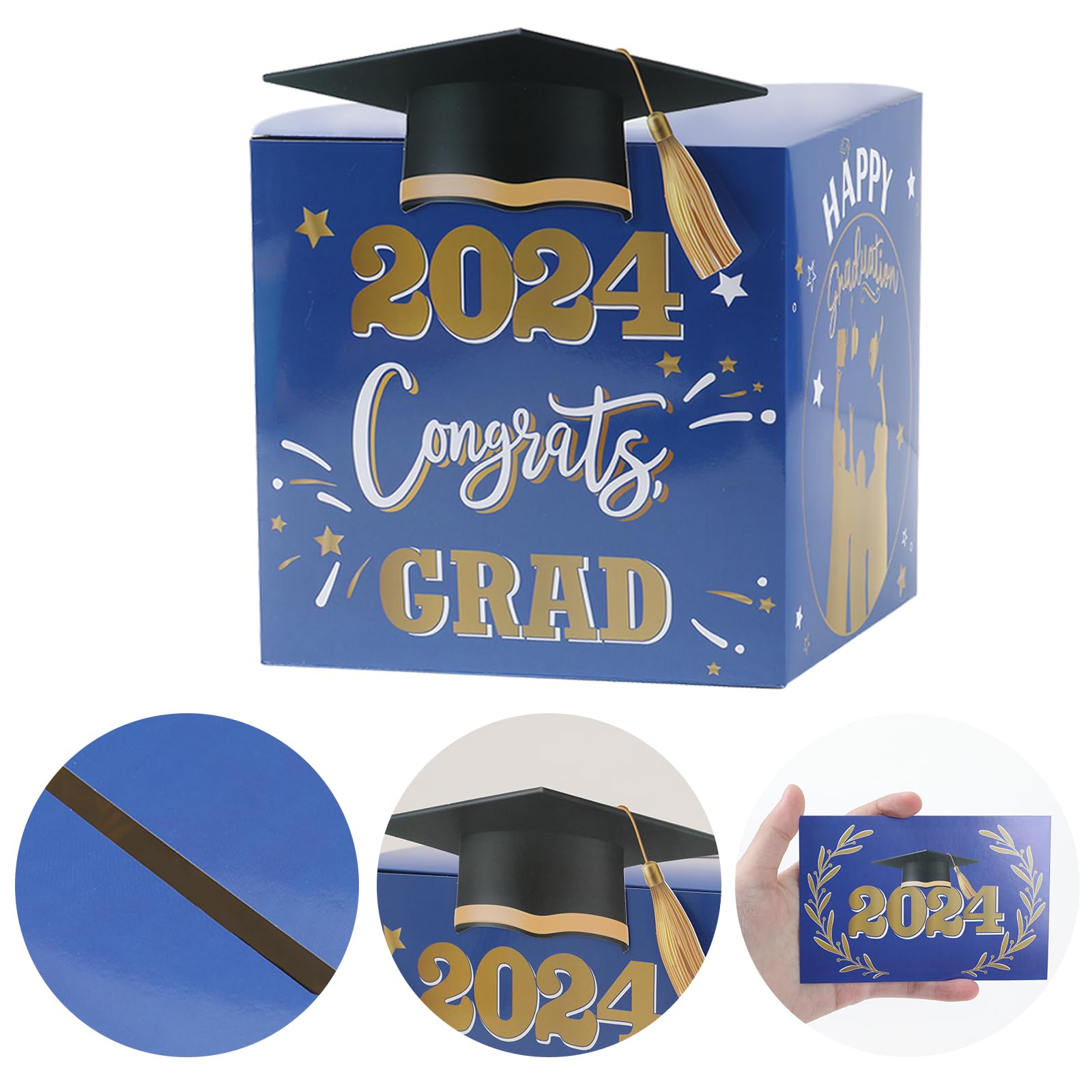 FengRise Graduation Cap Card Box, 2024 Class - Includes 36 Pcs Grad Cards, Blue Gold, Storage Box for Graduation Party Decorations, Gift Card Holder, Reusable, 7.87*7.87inch/20*20cm