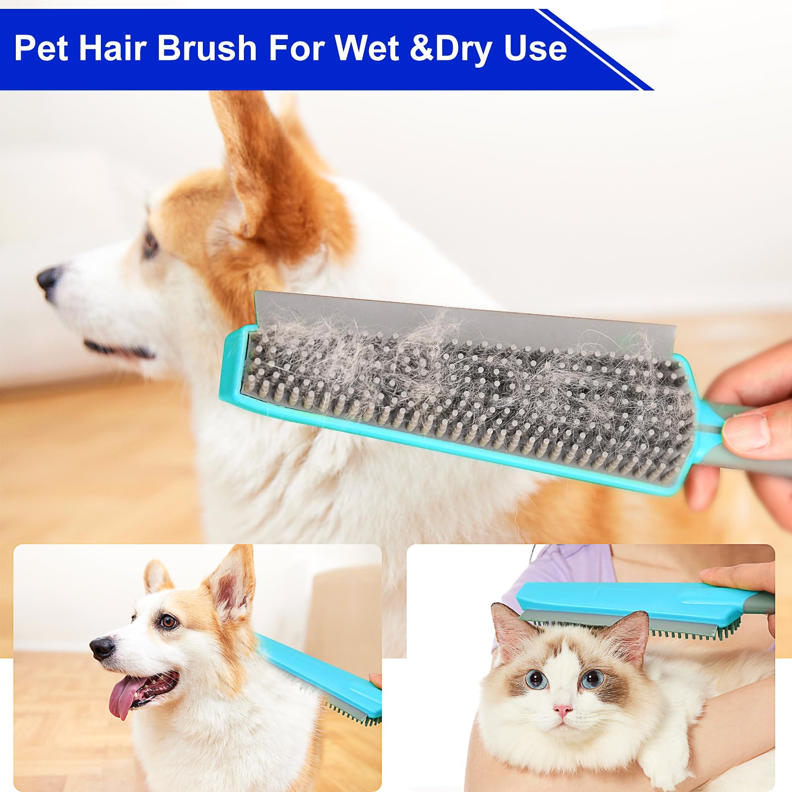 Rubber Broom Carpet Rake for Pet Hair Remover, Fur Remover Broom with Squeegee, Portable Detailing Lint Remover Brush, Pet Hair Removal Tool for Fluff Carpet, Hardwood Floor, Tile, Window (Blue)