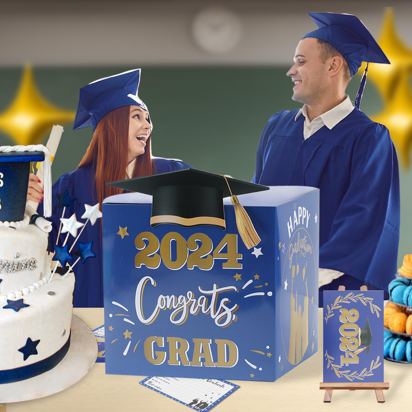 FengRise Graduation Cap Card Box, 2024 Class - Includes 36 Pcs Grad Cards, Blue Gold, Storage Box for Graduation Party Decorations, Gift Card Holder, Reusable, 7.87*7.87inch/20*20cm