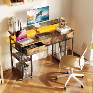 AODK 48 inch Computer Desk with 3 Drawers, Gaming Desk with LED Lights & Power Outlets, Home Office Desk with Storage Shelves & Monitor Stand, Modern Work Study Writing Table for Small Spaces, Vintage