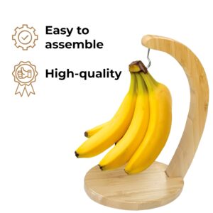 JS Gourmet Bamboo Banana Stand with Stainless Steel Hanging Hook, Ideal for Holding Bananas and Elevating Your Tabletop and Kitchen Décor