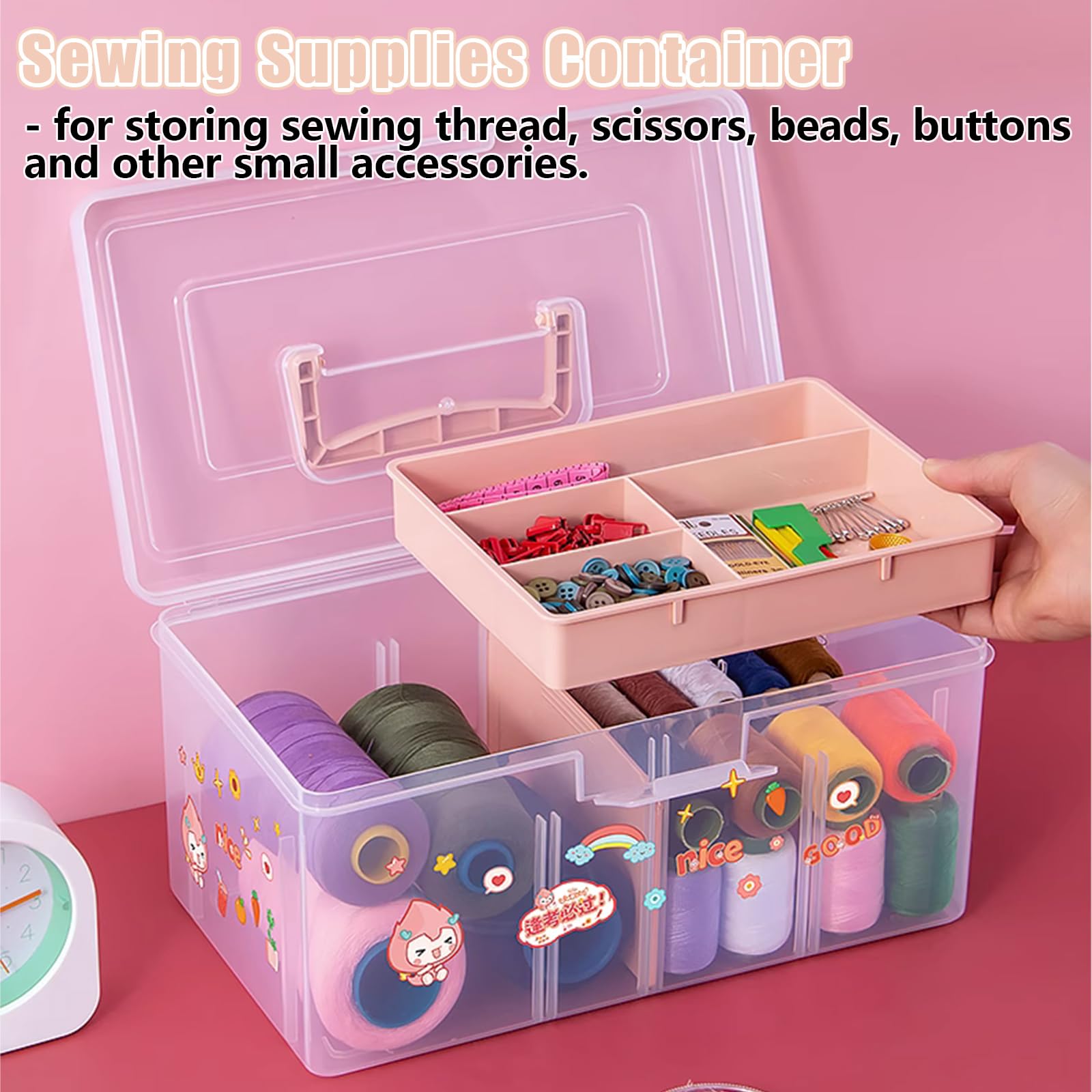 CYEAH 2 Pcs 2 Layer Clear Plastic Dividing Storage Box with Removable Tray, Multipurpose Storage Box with Handle, Craft Organizers and Storage Clear Storage Container for Art Craft Sewing Supplies