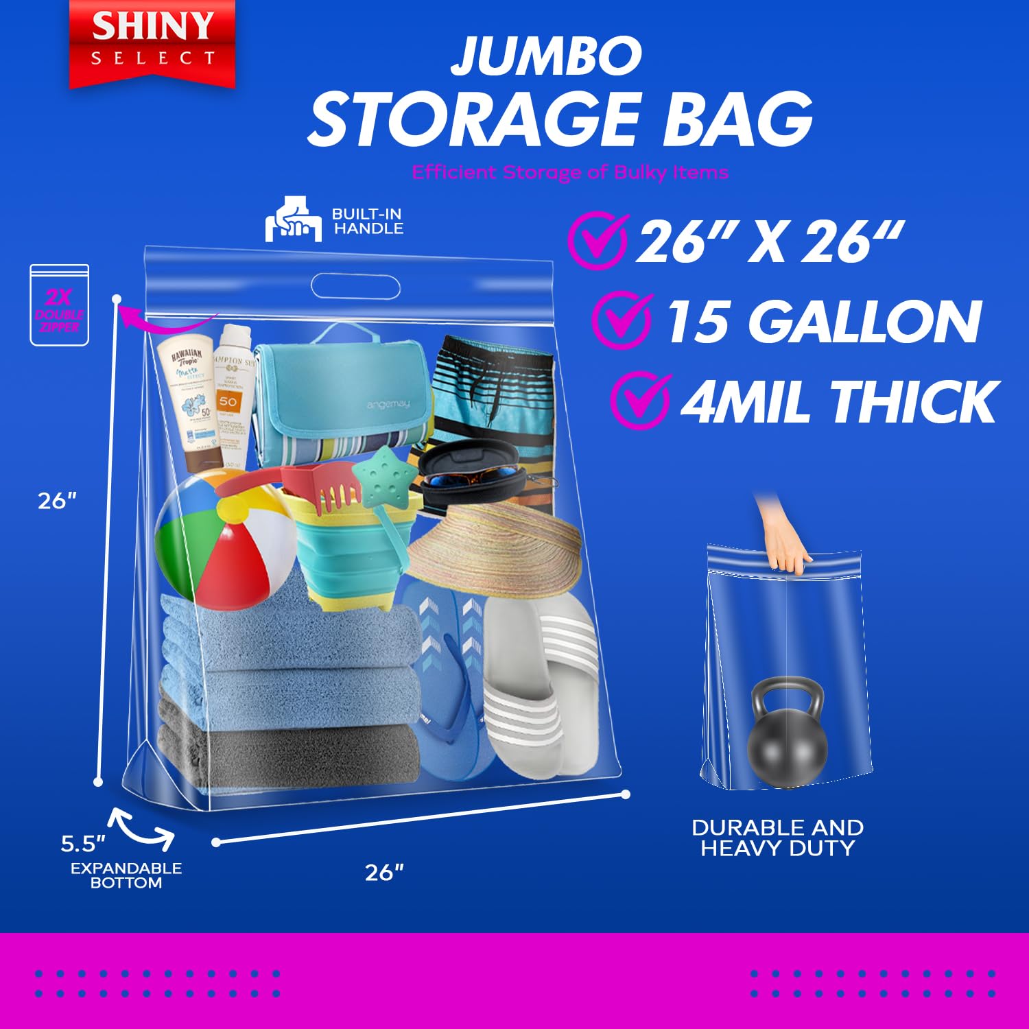 Shiny Select 15 Gallon Jumbo Storage Bag w/Handle & Zipper Top 26x26, 4 Bags - Clear Big Plastic, Extra Large XL, 4 Mil Thick Heavy Duty for Towels, Clothes, Blanket, Pillows, Seasonal Decoration