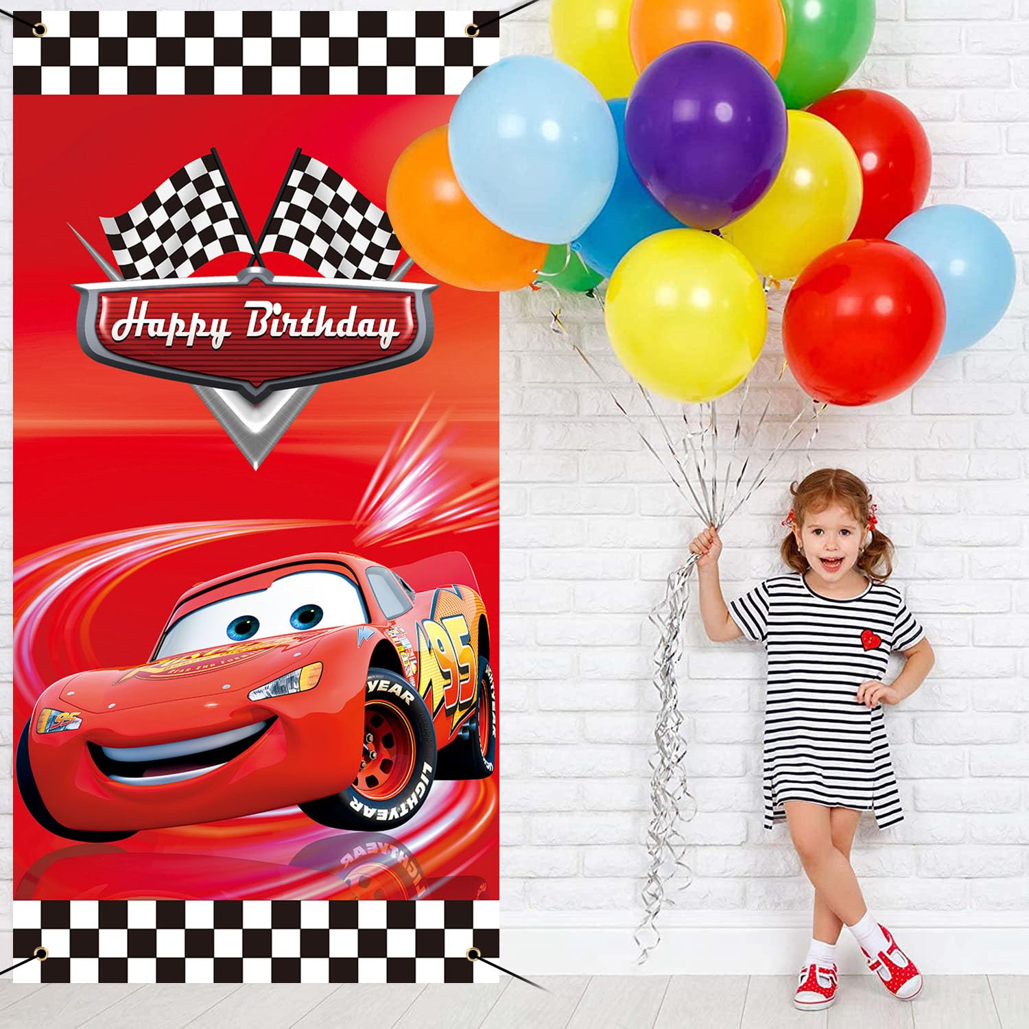 Generic 36x72inch Racing Car Cartoon Birthday Banner Cars Story Race Party Door Cover Black White Grid Flag Children Boys Happy Birthday Decoration Supplies, red