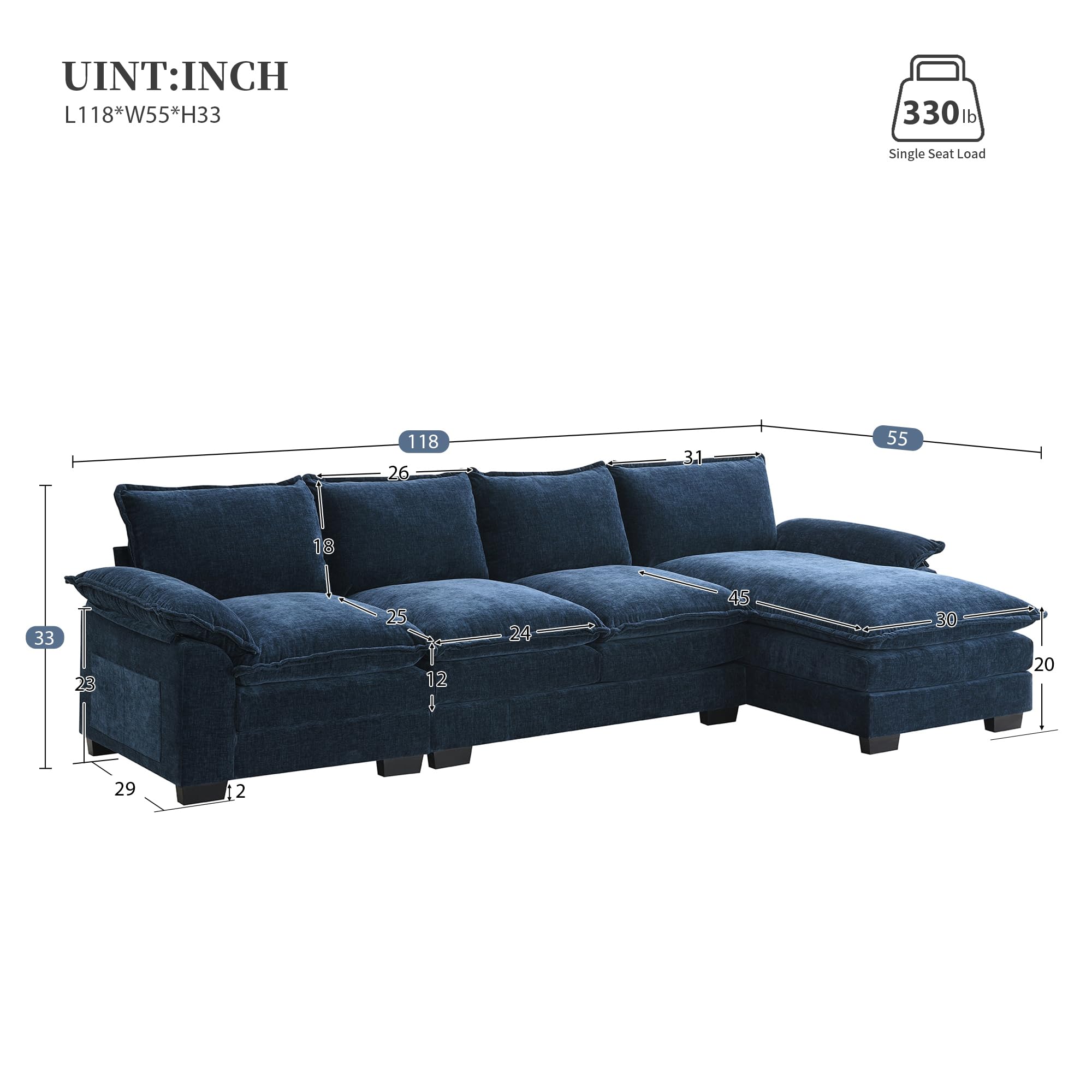 Neylory 118" Convertible Sectional Sofa Couch, Modern Chenille Fabric L Shaped Living Room Furniture Set, 5 Seat Sectional Sofa with Left Chaise & Deep Seat & Super Soft (Navy Blue)