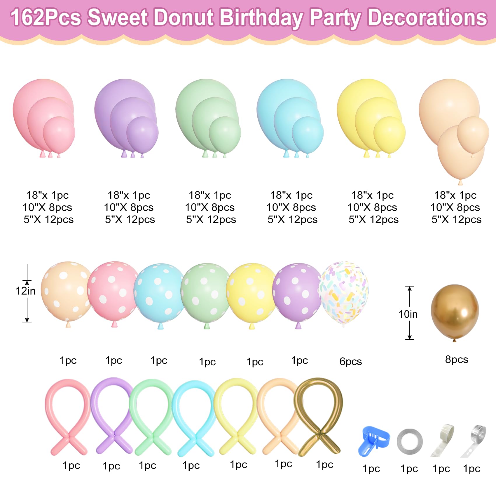 Pastel Donut Balloon Arch Garland Kit, 162pcs Donut Two Sweet One Birthday Party Supplies Girl Pastel Sprinkle Confetti Candy Ice Cream Foil Balloons for First Birthday Party Baby Shower Decorations