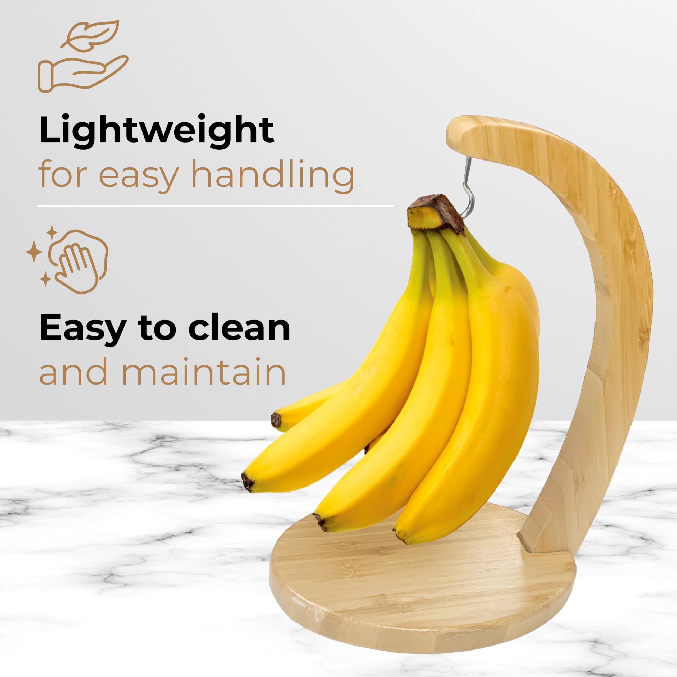 JS Gourmet Bamboo Banana Stand with Stainless Steel Hanging Hook, Ideal for Holding Bananas and Elevating Your Tabletop and Kitchen Décor