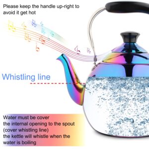 Whistling Tea Kettle for Stovetop Induction Stainless Steel Tea pot Whistle Kettles Gas Stove Top Fast Boiling Water Modern Rainbow Iridescent Color Mirror Finish 2 Quart