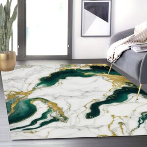 Marble Swirl Modern Abstract Emerald Green Grey Gold Area Rug for Living Room Bedroom Ultra Soft Wool Carpet Under Dining Table Lux Aesthetic Home Office Carpets 5x7