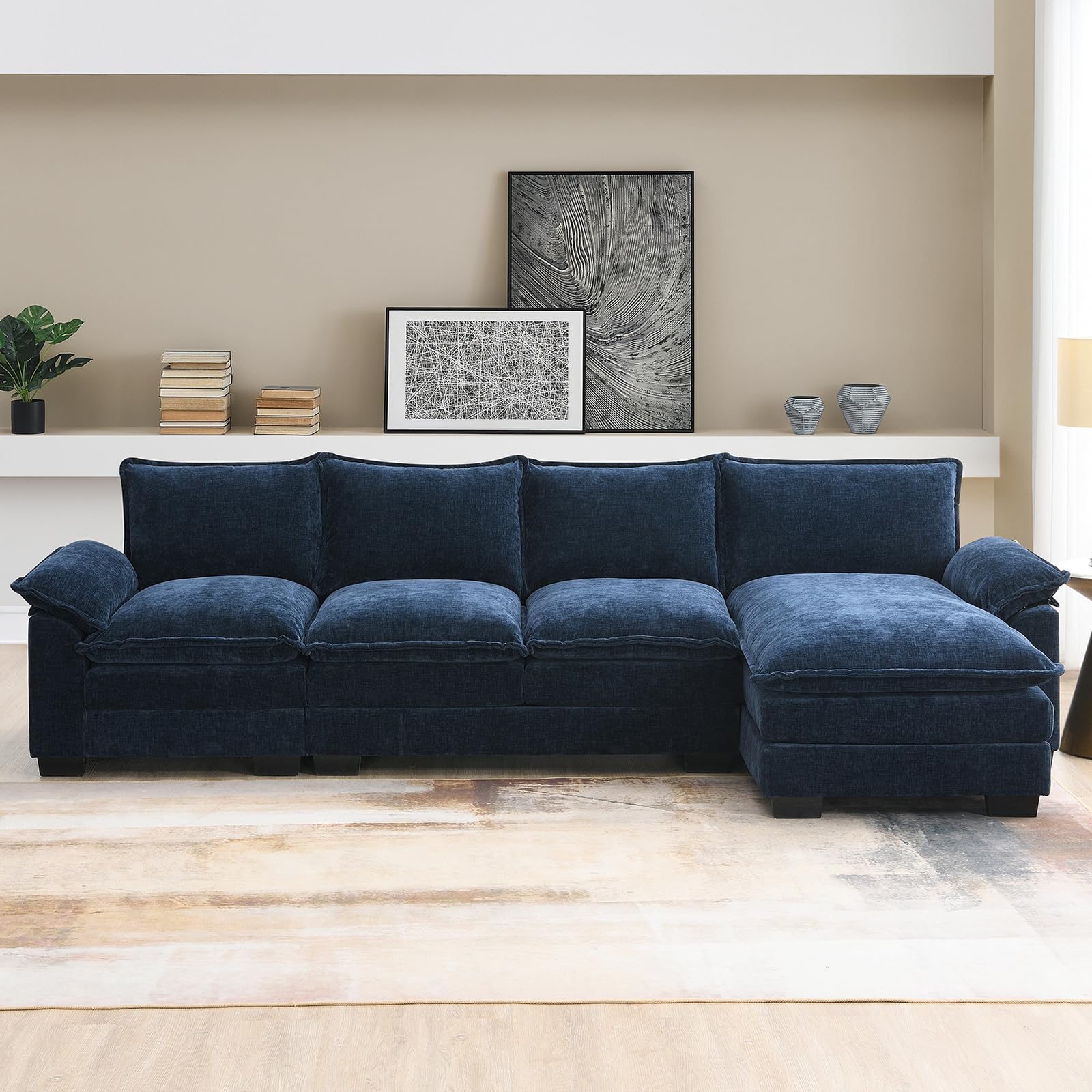 Neylory 118" Convertible Sectional Sofa Couch, Modern Chenille Fabric L Shaped Living Room Furniture Set, 5 Seat Sectional Sofa with Left Chaise & Deep Seat & Super Soft (Navy Blue)