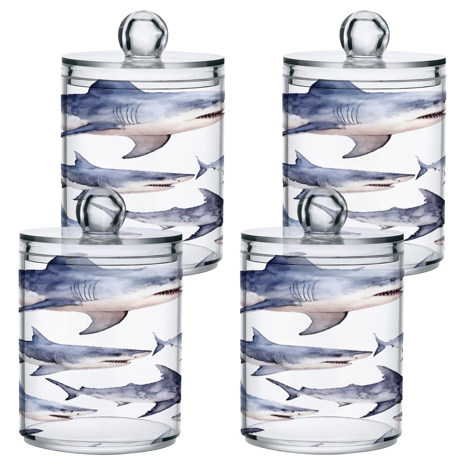 GOODOLD Cute Sharks Qtip Holder 2 Pack - 10 Oz Clear Plastic Apothecary Jar Set for Bathroom Organization - Versatile Canister Storage for Cotton Balls, Swabs, Rounds