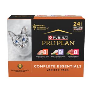 purina pro plan complete essentials chicken, turkey and beef grain free wet cat food variety pack - (24) 3 oz. cans