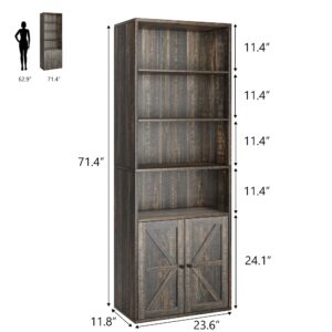 GAOMON Bookcase with Doors Farmhouse Bookshelf 11.8in Depth Wooden Display Storage Shelves 71.4in Tall Bookcases Industrial 6 Shelf Grey Bookshelves for Bedroom, Living Room, Home Office