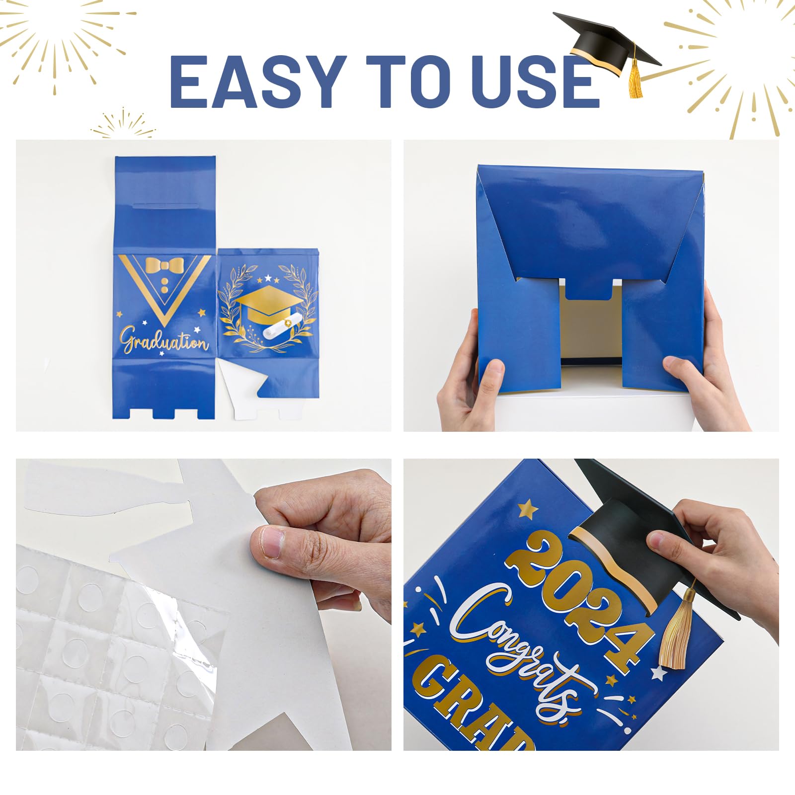 FengRise Graduation Cap Card Box, 2024 Class - Includes 36 Pcs Grad Cards, Blue Gold, Storage Box for Graduation Party Decorations, Gift Card Holder, Reusable, 7.87*7.87inch/20*20cm