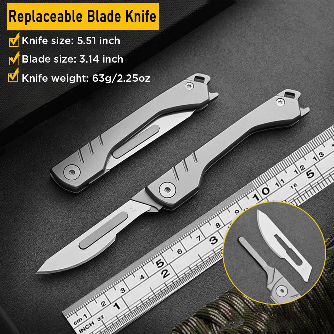 Folding Scalpel Knife with 10pcs #24 Replaceable Blades, Small Pocket Knife for Men with Bottle Opener, EDC Utility knife, Slim Razor Knife, Surgical Keychain Knives for Outdoor Skinning (Grey)