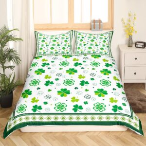 Manfei St. Patrick's Day Duvet Cover Set Queen Size, Lucky Clovers Comforter Cover with 2 Pillowcases, Green Shamrocks Bedding Set 3pcs for Kids Boys Girls Bedroom Decor Lightweight Bedspread Cover