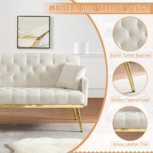 Small Velvet Loveseat Sofa, 55.5-inch Modern Sofa Couch with with 2 Side Pockets, Modern Tufted Sofa with Golden Metal Legs, Upholstered Space Saving Love Seat for Living Room, Bedroom, Office, Beige