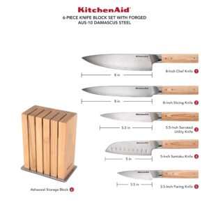 KitchenAid 6-Piece Ashwood Knife Block Set | Premium Damascus Steel Blades | Pakkawood Handles | Space-Saving Design | Includes Chef, Santoku, Slicing, Utility & Paring Knives | Kitchen Knife Set