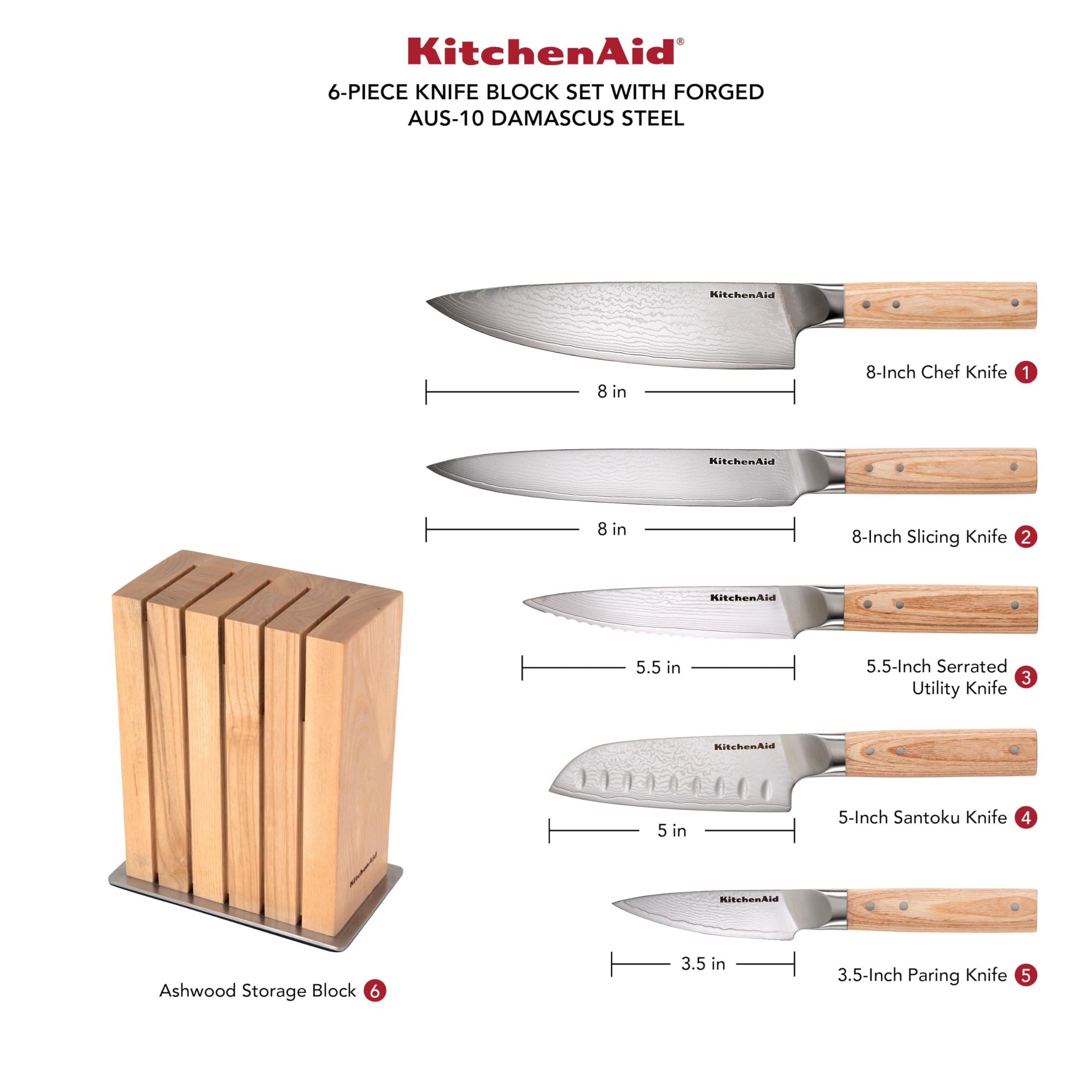 KitchenAid 6-Piece Ashwood Knife Block Set | Premium Damascus Steel Blades | Pakkawood Handles | Space-Saving Design | Includes Chef, Santoku, Slicing, Utility & Paring Knives | Kitchen Knife Set