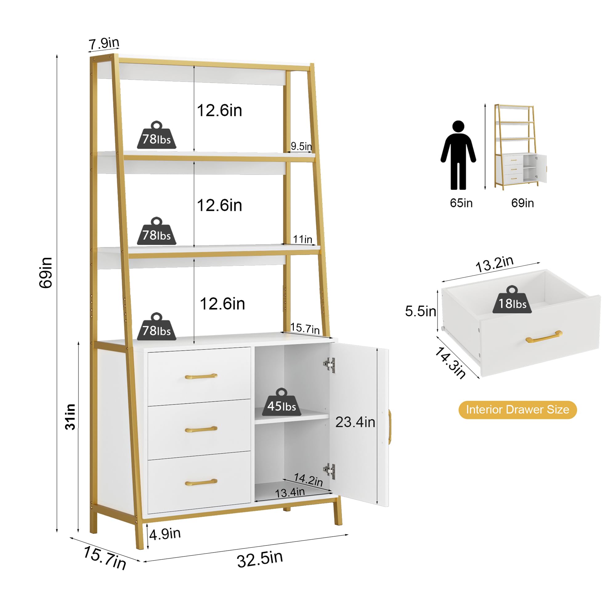 HITHOS 69" Tall Bookshelf, White Gold 4-Tier Bookcase with Wooden Drawers and Ladder Shelves, Free Standing Storage Cabinet Kitchen Bakers Rack with Microwave Oven Stand for Home Office