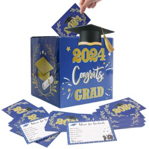 fengrise graduation cap card box, 2024 class - includes 36 pcs grad cards, blue gold, storage box for graduation party decorations, gift card holder, reusable, 7.87*7.87inch/20*20cm