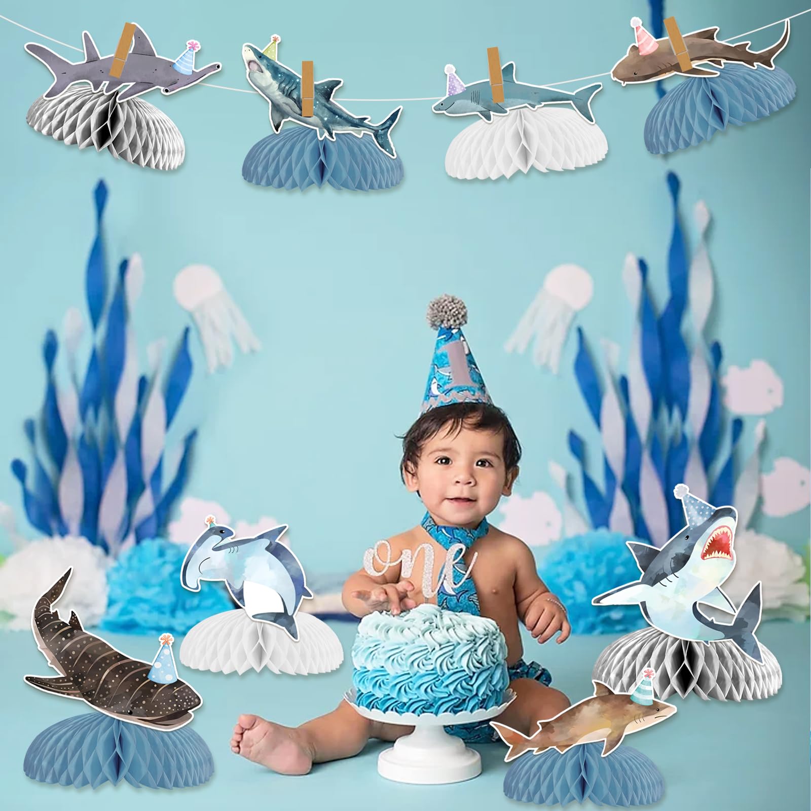 Shark Birthday table Decorations Shark Honeycomb Centerpieces Under the Sea Shark Birthday Party Decorations Ocean Theme Shark Baby Shower Decorations Underwater Theme Party Supply