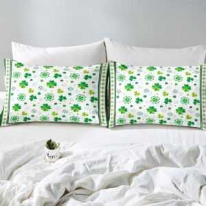 Manfei St. Patrick's Day Duvet Cover Set Queen Size, Lucky Clovers Comforter Cover with 2 Pillowcases, Green Shamrocks Bedding Set 3pcs for Kids Boys Girls Bedroom Decor Lightweight Bedspread Cover