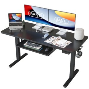 banti 55" x 24" height adjustable electric standing desk with keyboard tray, sit stand up desk with splice board, black frame/black top