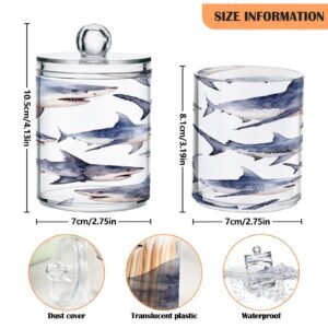 GOODOLD Cute Sharks Qtip Holder 2 Pack - 10 Oz Clear Plastic Apothecary Jar Set for Bathroom Organization - Versatile Canister Storage for Cotton Balls, Swabs, Rounds