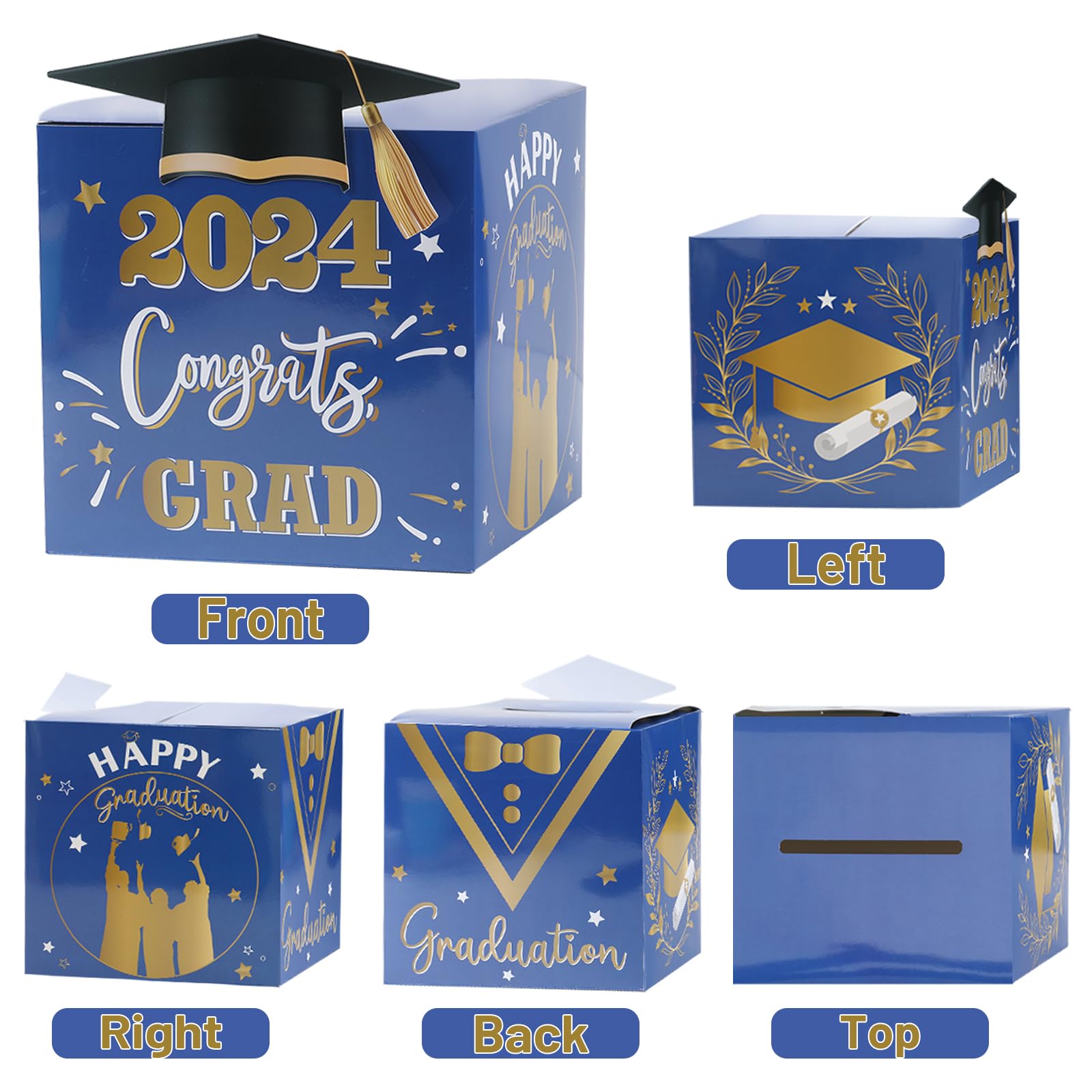 FengRise Graduation Cap Card Box, 2024 Class - Includes 36 Pcs Grad Cards, Blue Gold, Storage Box for Graduation Party Decorations, Gift Card Holder, Reusable, 7.87*7.87inch/20*20cm