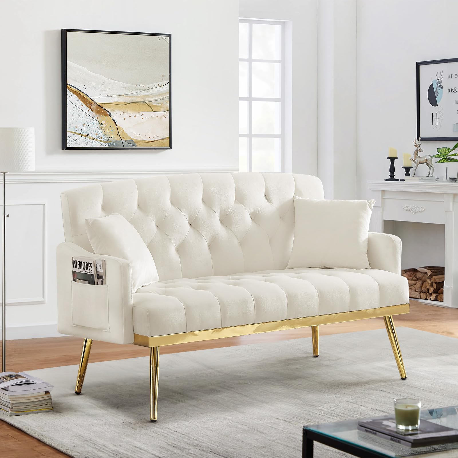 Small Velvet Loveseat Sofa, 55.5-inch Modern Sofa Couch with with 2 Side Pockets, Modern Tufted Sofa with Golden Metal Legs, Upholstered Space Saving Love Seat for Living Room, Bedroom, Office, Beige