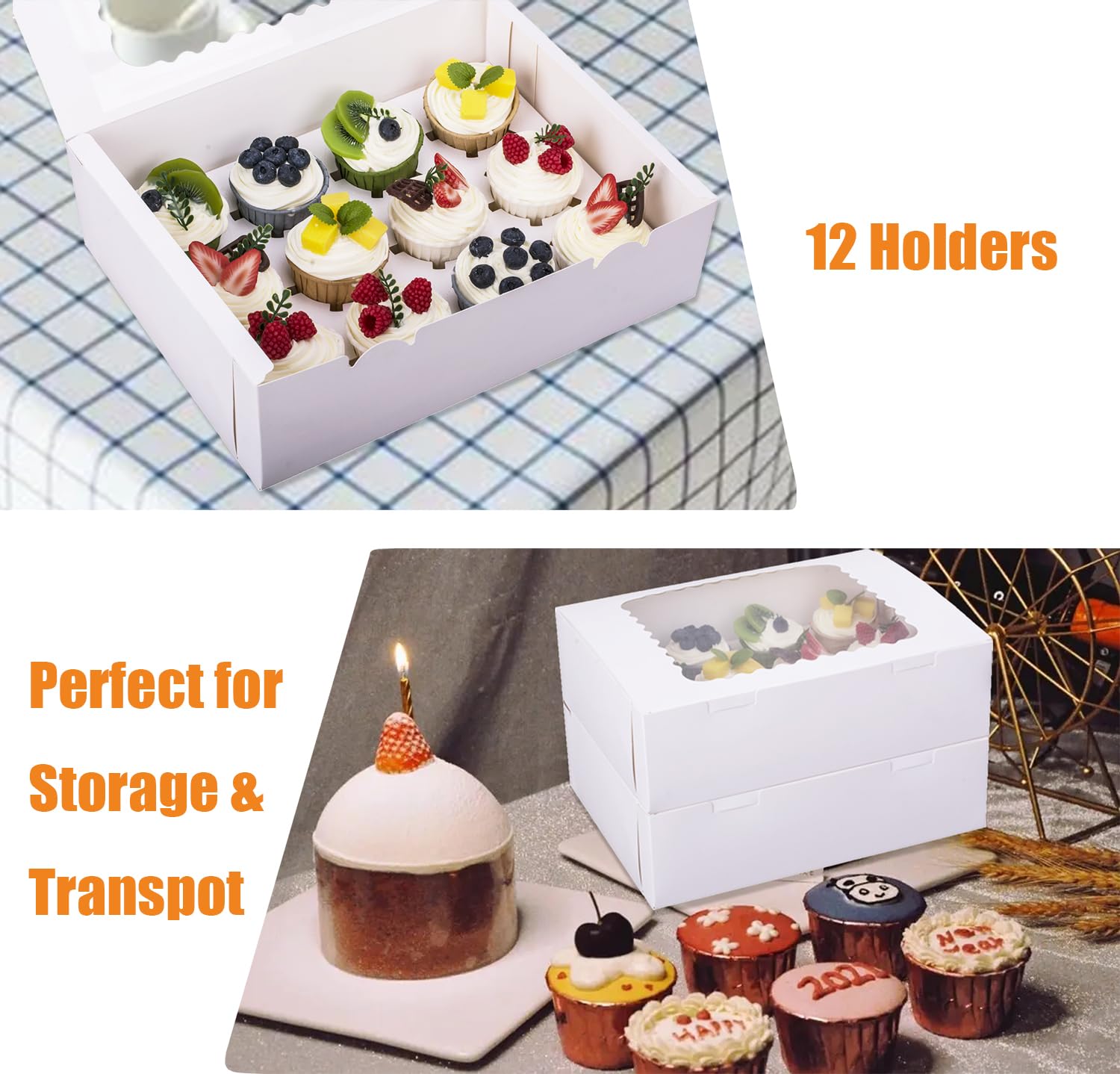 LONGTEAM 6-Set Cupcake Boxes Hold 12 Standard Cupcakes, Food Grade Cupcake Holders Bakery Carrier Boxes with Windows and Inserts for Cupcakes, Muffins and Pastries (White-6 Pack)