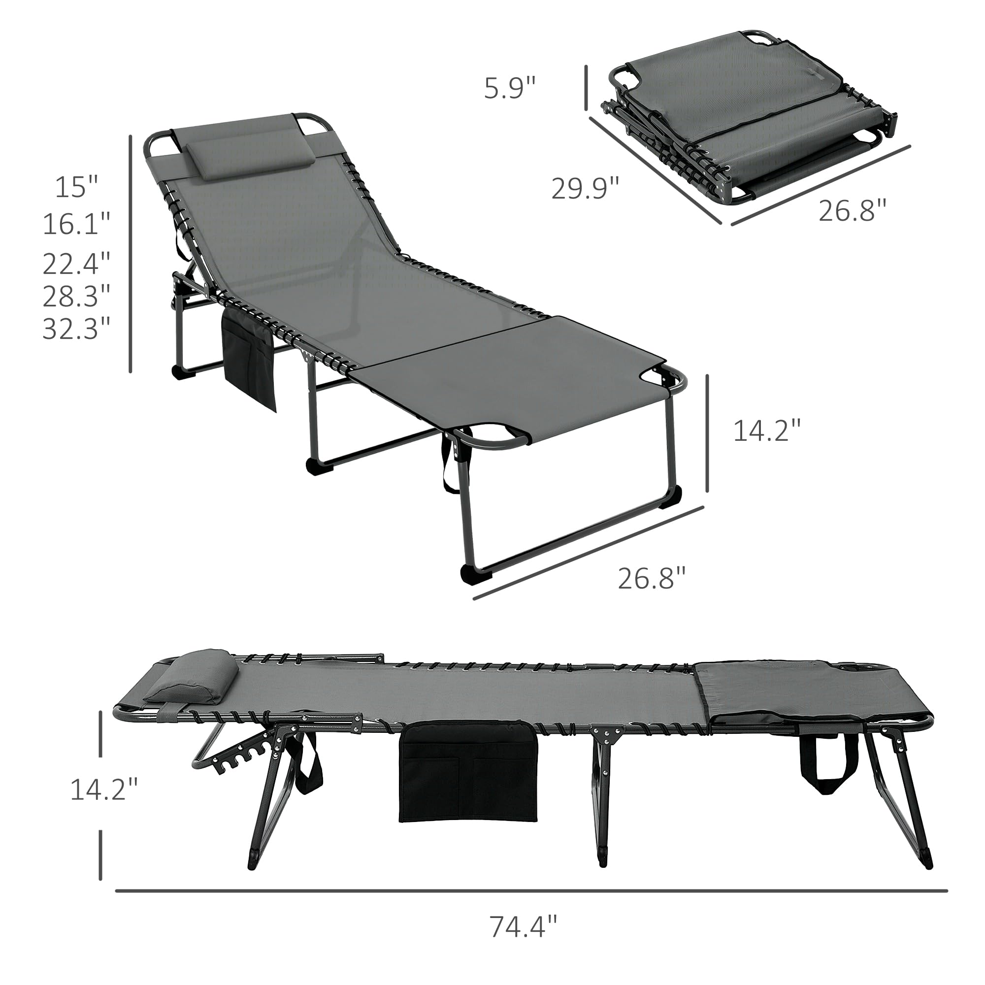 Outsunny Folding Chaise Lounge with 5-Level Reclining Back, Outdoor Tanning Chair with Reading Face Hole, Outdoor Lounge Chair with Side Pocket & Headrest for Beach, Yard, Patio, Gray