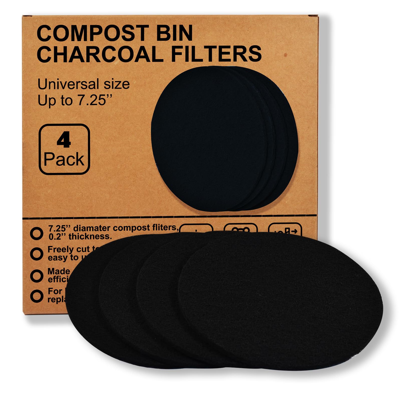 Compost Bins Filters, Charcoal Filters for Kitchen Compost Bin, 4 Pack 7.25'' Large Kitchen Compost Bin Charcoal Filters, Replacement Filter Countertop Home Bucket Refill Sets.