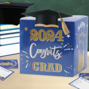 FengRise Graduation Cap Card Box, 2024 Class - Includes 36 Pcs Grad Cards, Blue Gold, Storage Box for Graduation Party Decorations, Gift Card Holder, Reusable, 7.87*7.87inch/20*20cm