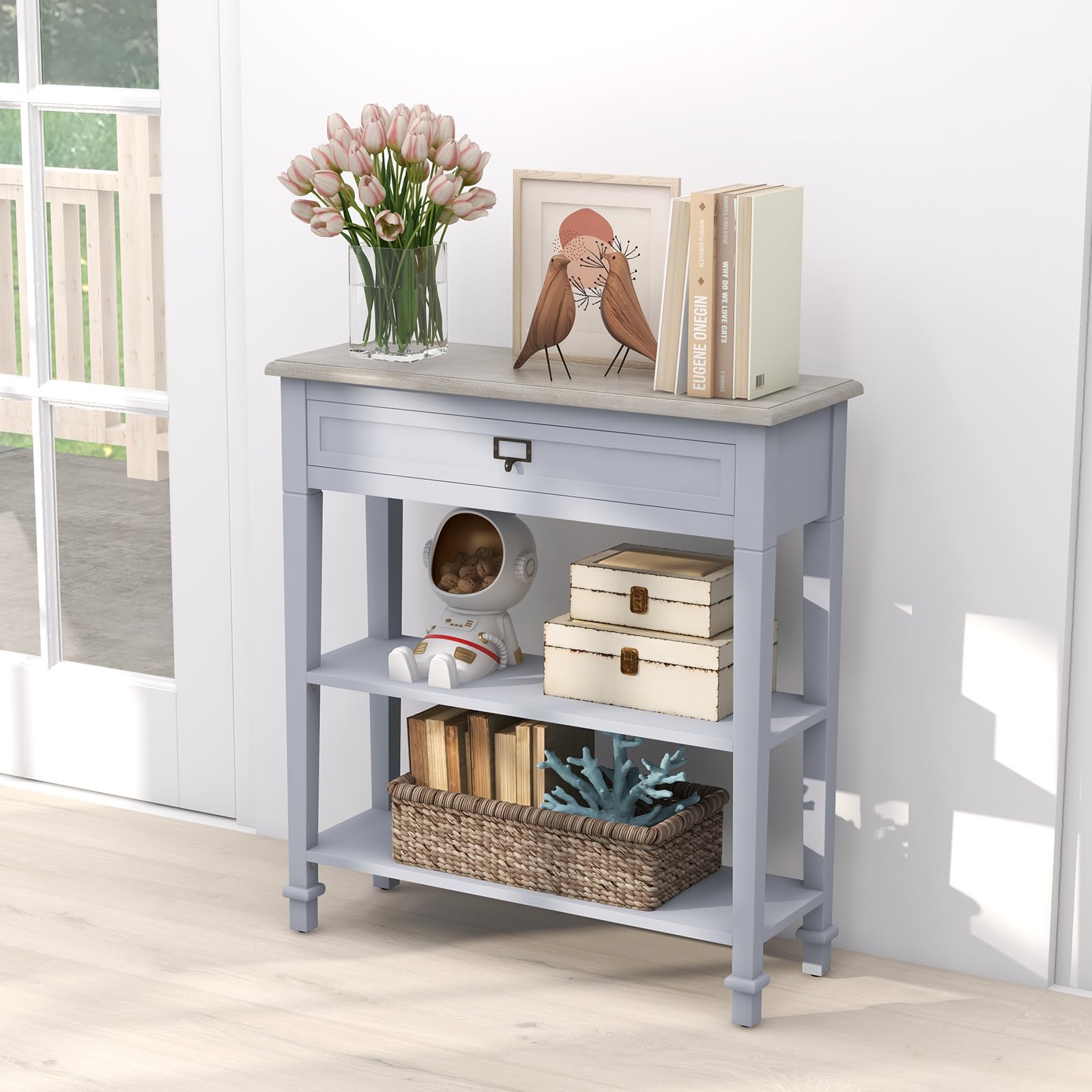 Kinfant Console Entryway Table with Storage - Gray Console Table with Drawer and Storage Shelf, Wood Sofa Table for Living Room Bedroom Hallway