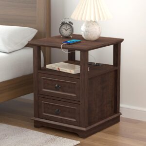 REDAYFUR 24" Tall End Table with Charging Station, Double 18W Fast Charge End Table, Large 18” Bedside Table with Drawers,Rustic Wood Storage Cabinet with Open Shelf for Bedroom,Cherry