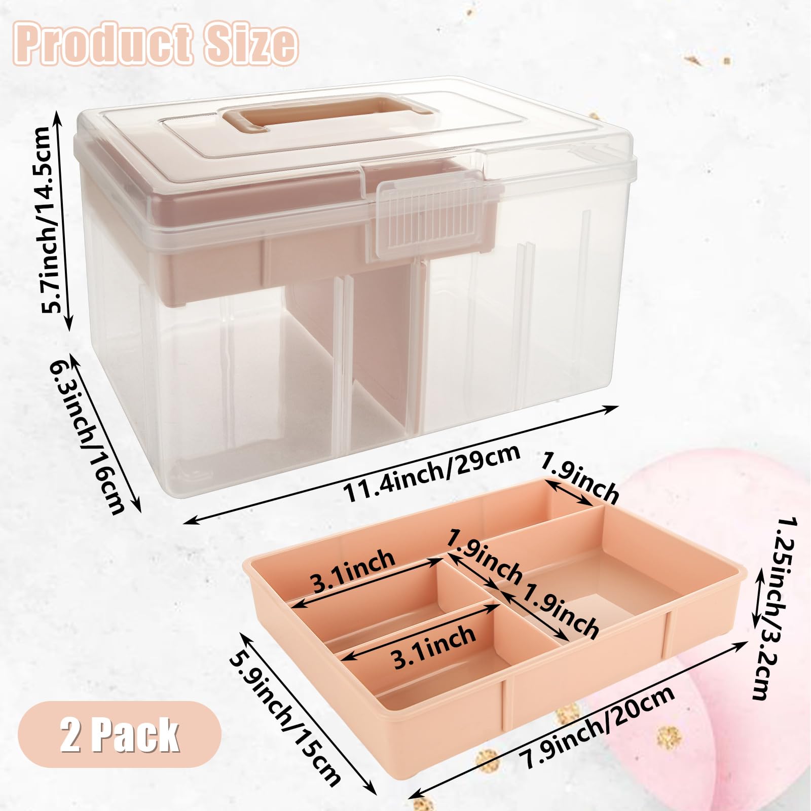 CYEAH 2 Pcs 2 Layer Clear Plastic Dividing Storage Box with Removable Tray, Multipurpose Storage Box with Handle, Craft Organizers and Storage Clear Storage Container for Art Craft Sewing Supplies