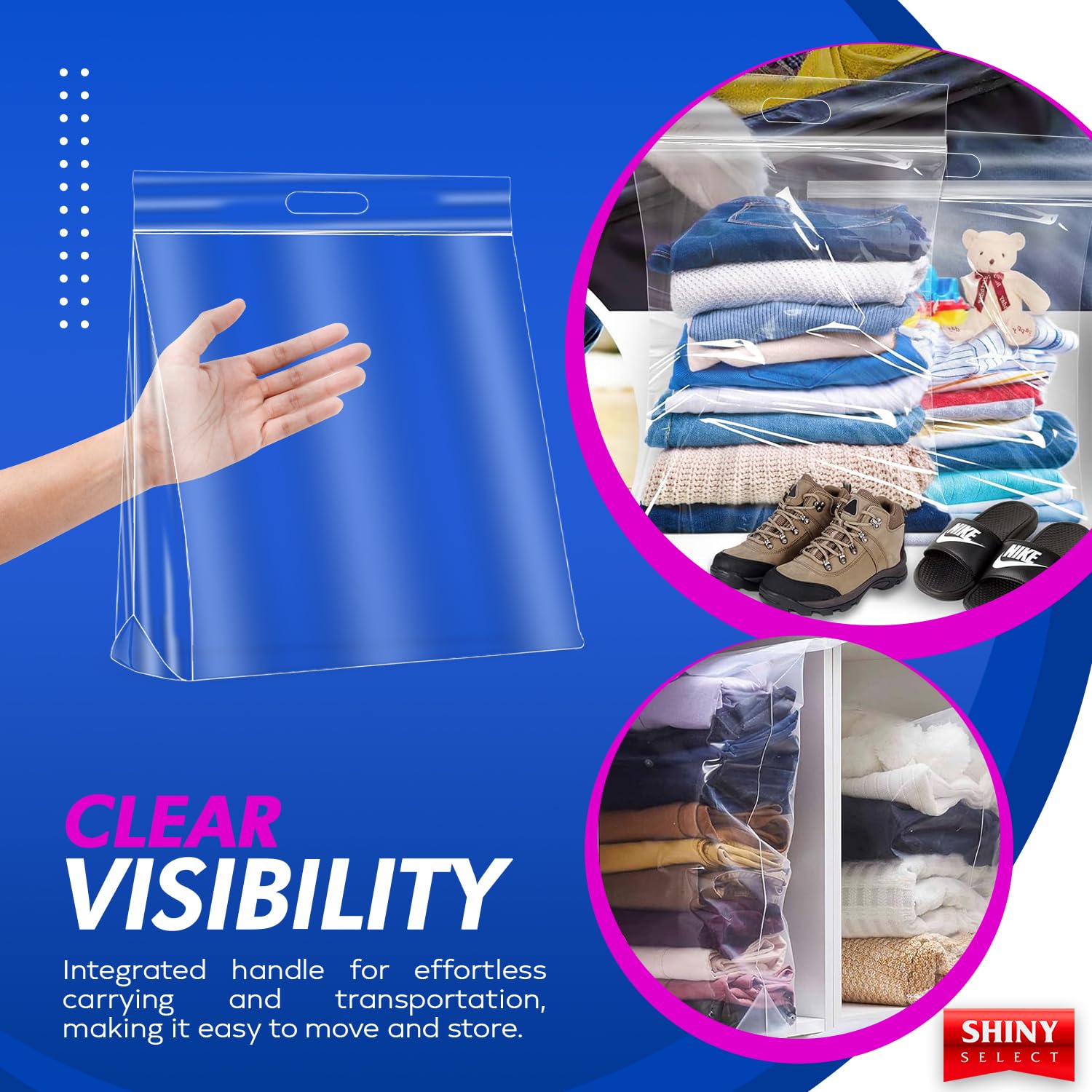 Shiny Select 15 Gallon Jumbo Storage Bag w/Handle & Zipper Top 26x26, 4 Bags - Clear Big Plastic, Extra Large XL, 4 Mil Thick Heavy Duty for Towels, Clothes, Blanket, Pillows, Seasonal Decoration