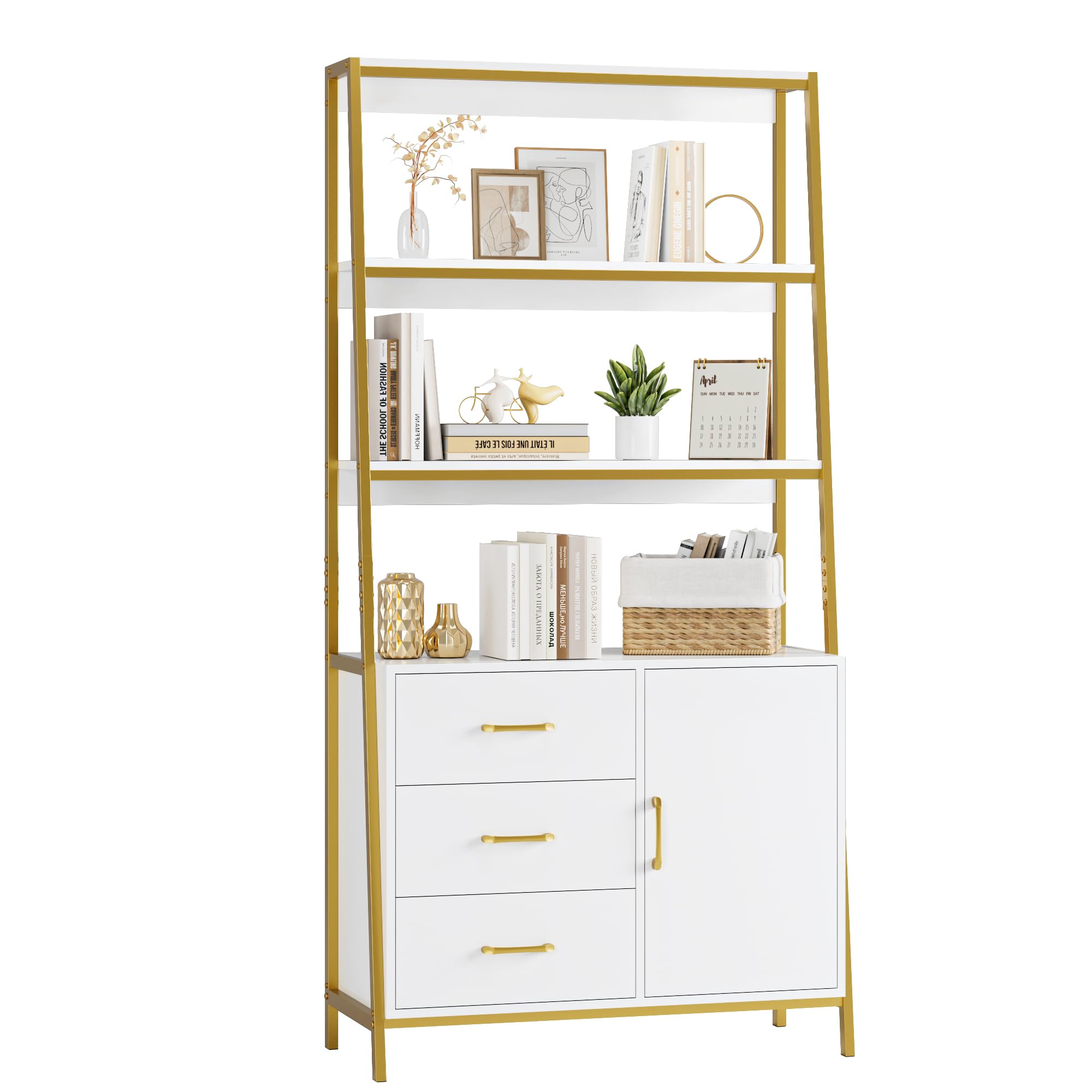 HITHOS 69" Tall Bookshelf, White Gold 4-Tier Bookcase with Wooden Drawers and Ladder Shelves, Free Standing Storage Cabinet Kitchen Bakers Rack with Microwave Oven Stand for Home Office