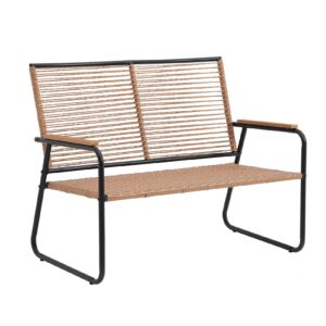 C-Hopetree Metal Outdoor Loveseat Bench for Outside Patio Porch, Natural All Weather Twisted Wicker Twinseat Chair