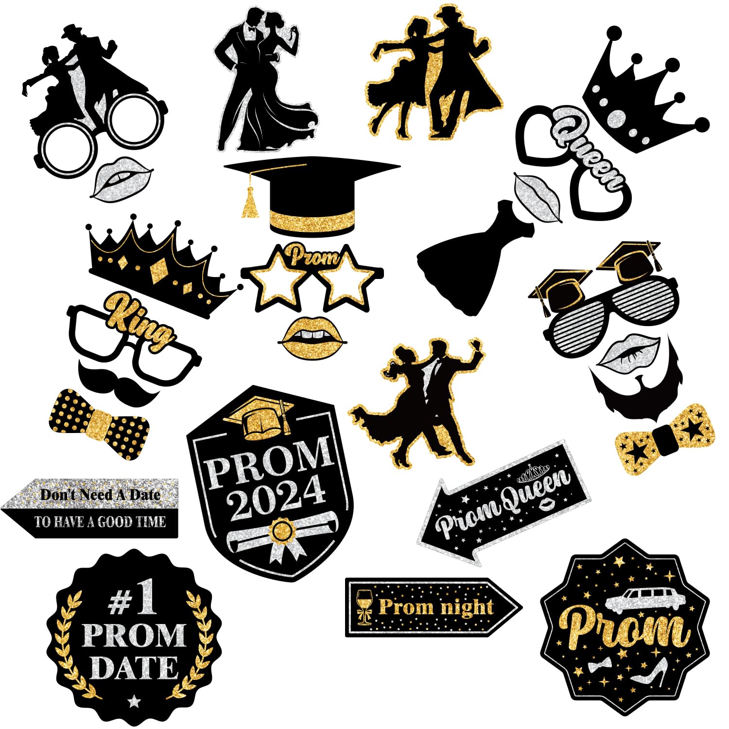 Julyshy 36pcs Prom Photo Booth Props, Prom Decorations for Party 2024, Prom Send Off Decorations 2024, Prom 2024 Decorations Selfie Prom Photo Props, Black and Silver Prom Decorations for Home