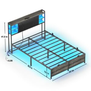 Unikito Full Size Bed Frame with Upholstered Headboard, Charging Station and RGB LED Lights, Stable Platform Bed, Heavy Duty Metal Slats, Noise Free, No Box Spring Needed, Easy to Assemble, Black Oak