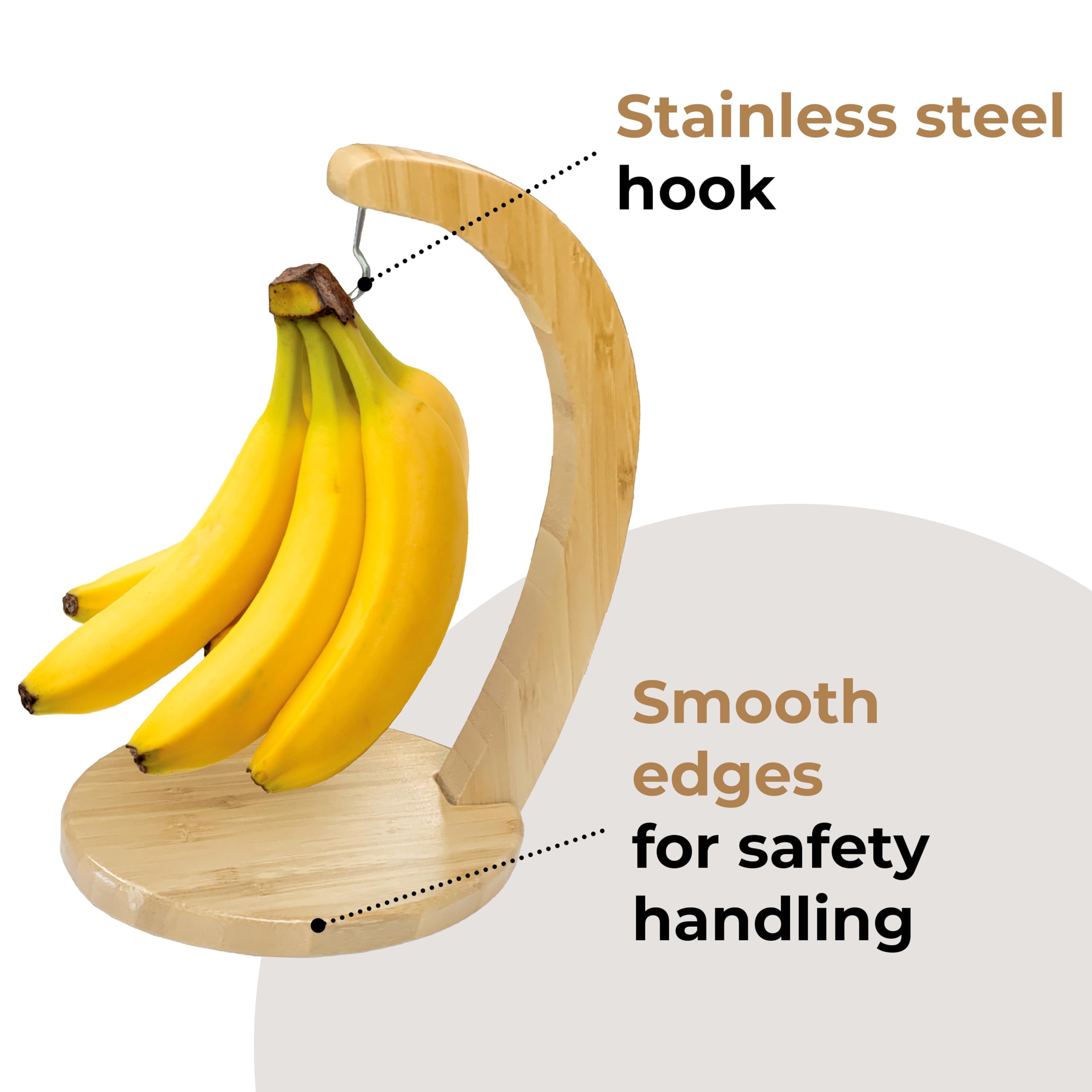 JS Gourmet Bamboo Banana Stand with Stainless Steel Hanging Hook, Ideal for Holding Bananas and Elevating Your Tabletop and Kitchen Décor