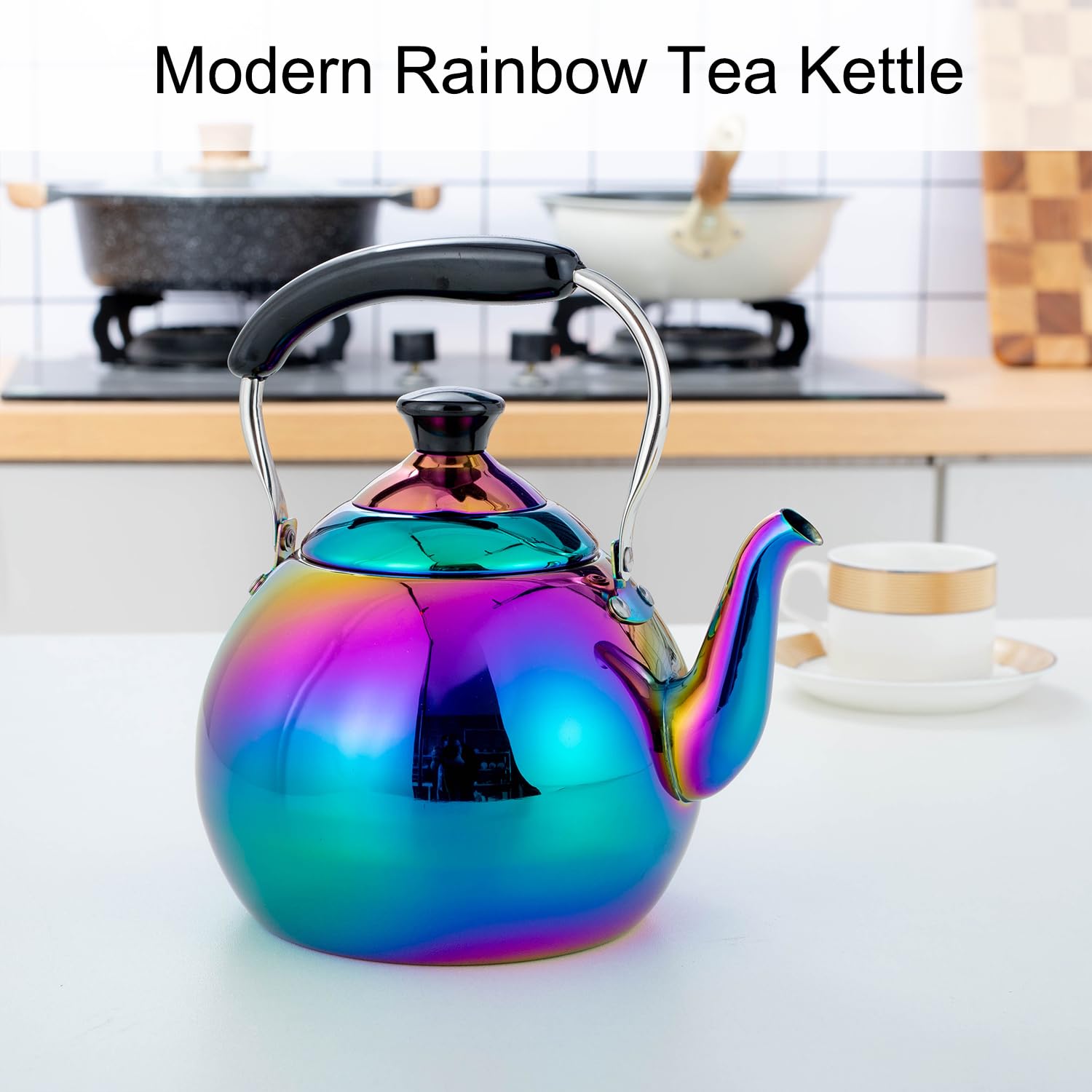 Whistling Tea Kettle for Stovetop Induction Stainless Steel Tea pot Whistle Kettles Gas Stove Top Fast Boiling Water Modern Rainbow Iridescent Color Mirror Finish 2 Quart