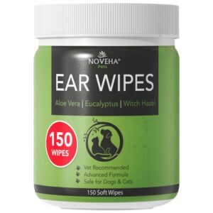 noveha pet ear wipes - dog ear cleaner wipes, otic cleanser for dogs & cats - stop ear itching with aloe vera, eucalyptus and witch hazel for odor control, dirt and wax removal, unscented (150 count)