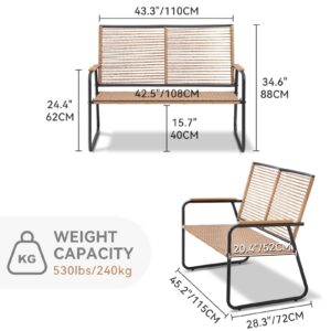 C-Hopetree Metal Outdoor Loveseat Bench for Outside Patio Porch, Natural All Weather Twisted Wicker Twinseat Chair